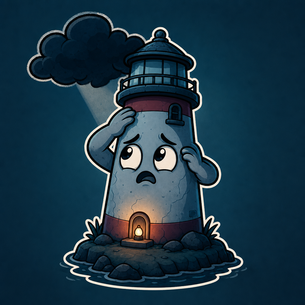 The lighthouse shielding its face as a dark cloud presses down on it