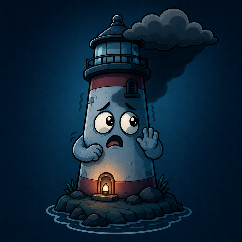 The lighthouse waving a nervous hand at a looming dark cloud, sweat ticks around its head