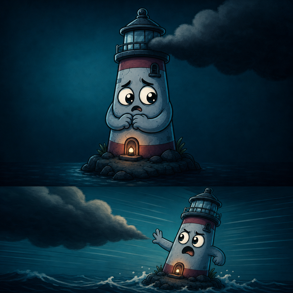 Two-panel comic: the worried lighthouse trailing dark smoke, then throwing out a steadying hand over the waves
