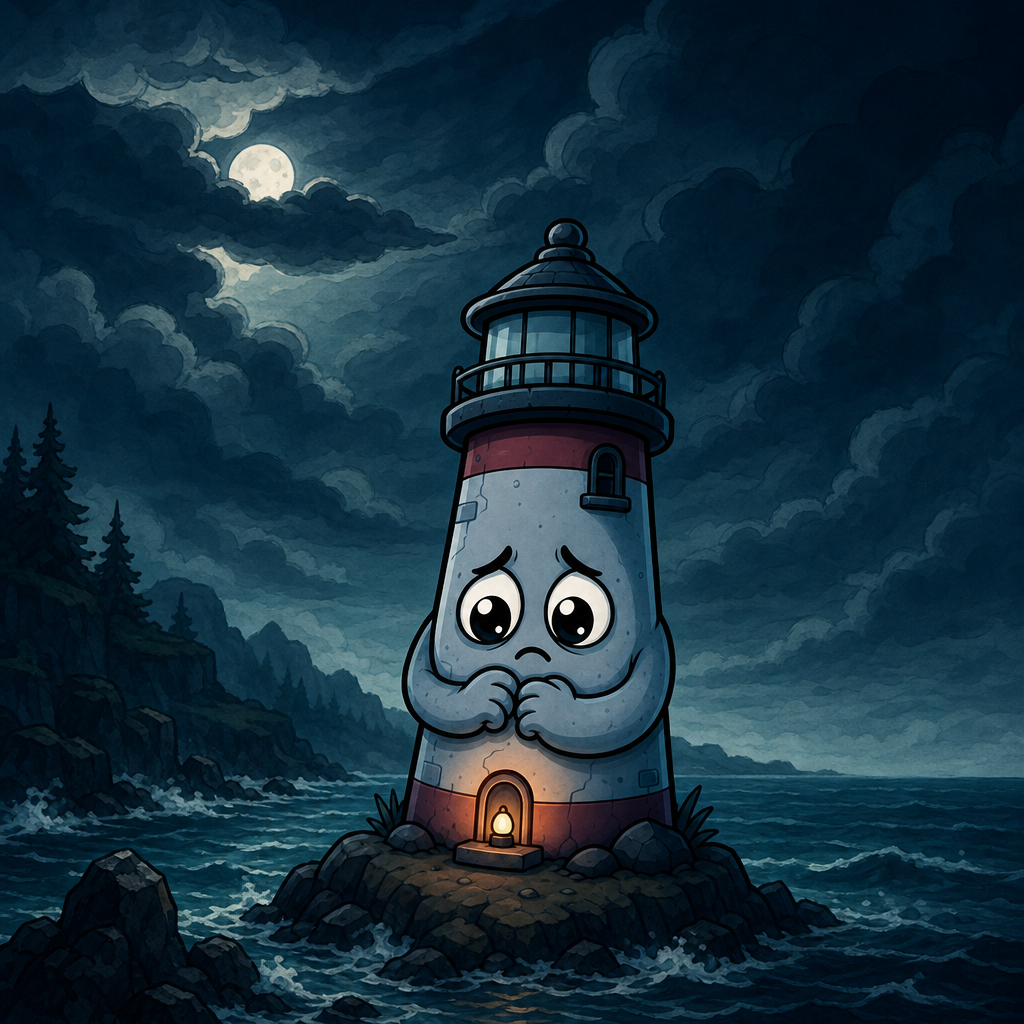 Wide moonlit night scene: the lighthouse on a rocky islet under a full moon, pine cliffs and layered clouds